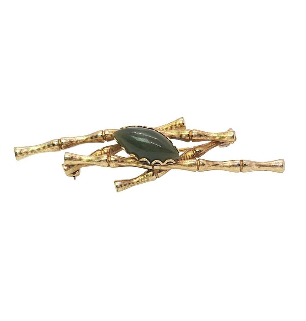 Vintage 1960s Rolyn Inc 1/20 12K Gold Filled Bamboo Jade Cabochon Brooch Pin GF